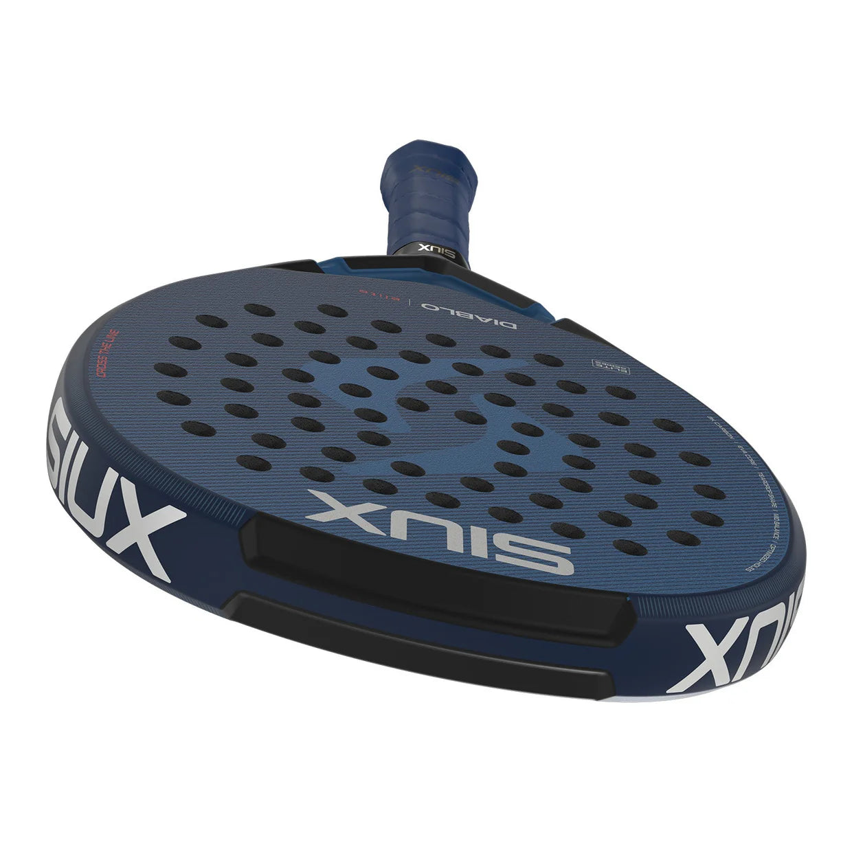 The top of a blue Siux padel racket with white branding on a white background.