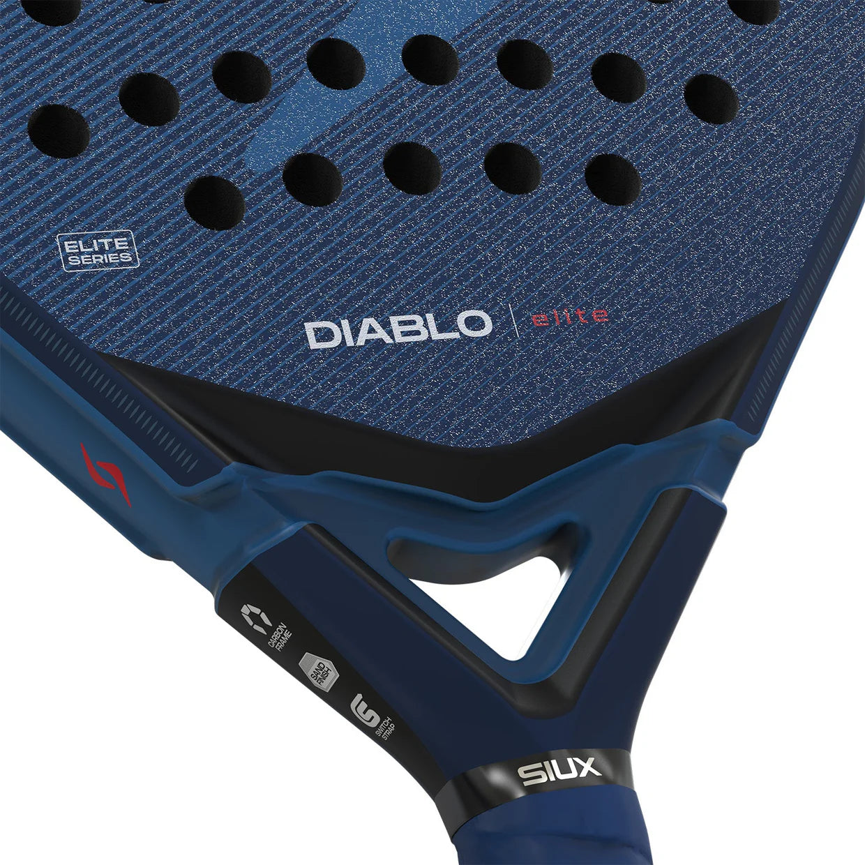 A close-up of a blue Siux padel racket with white branding on a white background.