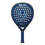 A blue Siux padel racket with white branding on a white background.