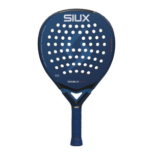 A blue Siux padel racket with white branding on a white background.