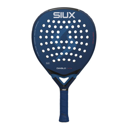 A blue Siux padel racket with white branding on a white background.