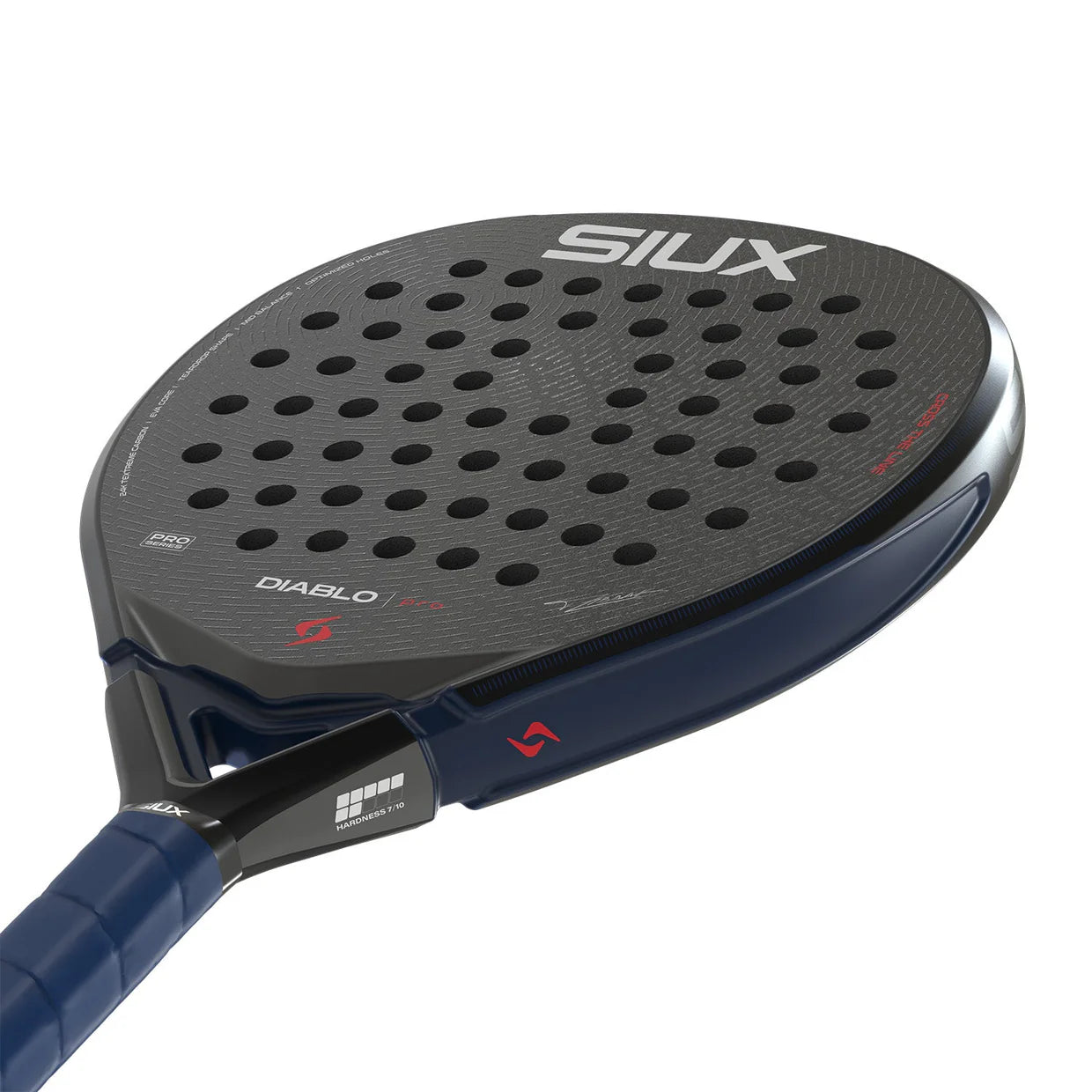 The face of a black Siux padel racket with night blue accents on a white background.