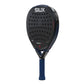 A black Siux padel racket with night blue accents on a white background.