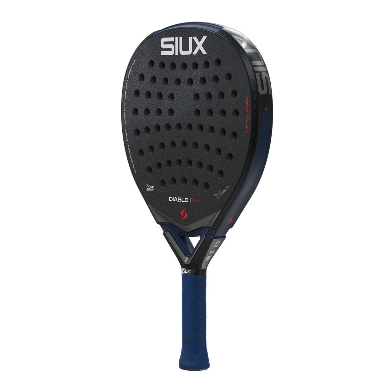 A black Siux padel racket with night blue accents on a white background.
