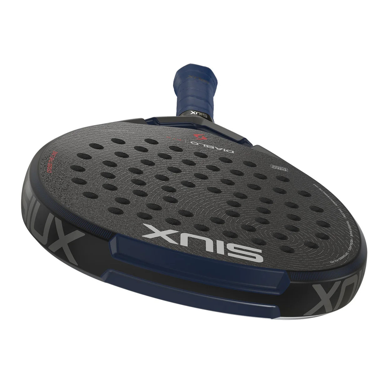 The top of a black Siux padel racket with night blue accents on a white background.