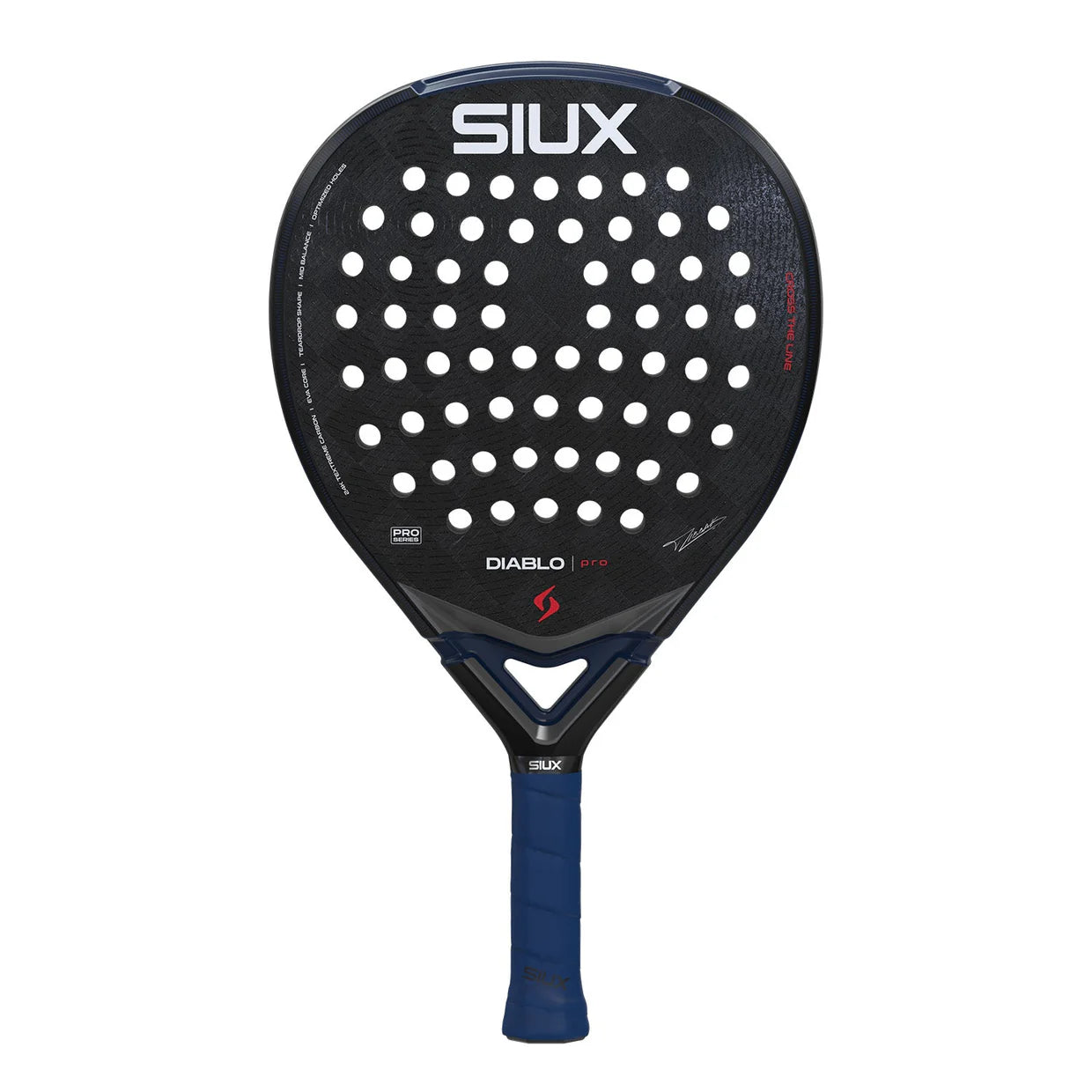 A black Siux padel racket with night blue accents on a white background.