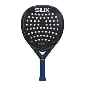 A black Siux padel racket with night blue accents on a white background.