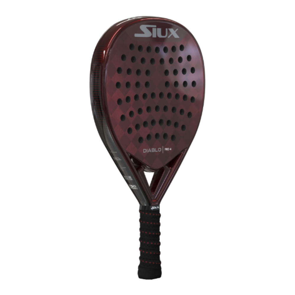 A red Siux Diablo Pro 4 padel racket on a white background.