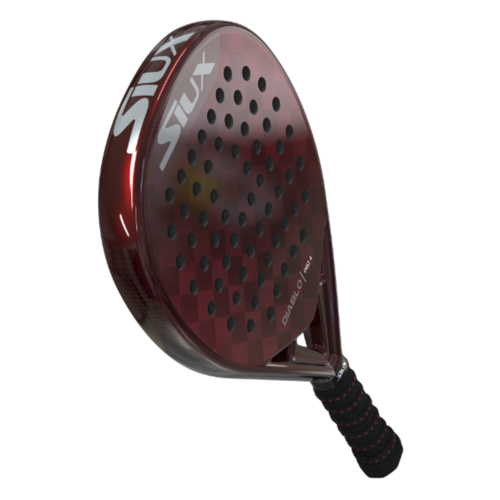 A red Siux Diablo Pro 4 padel racket at an angle on a white background.