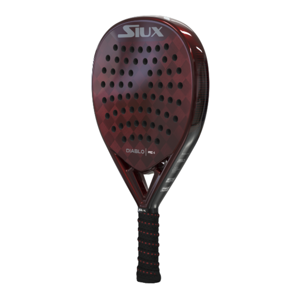 A red Siux Diablo Pro 4 padel racket on a white background.