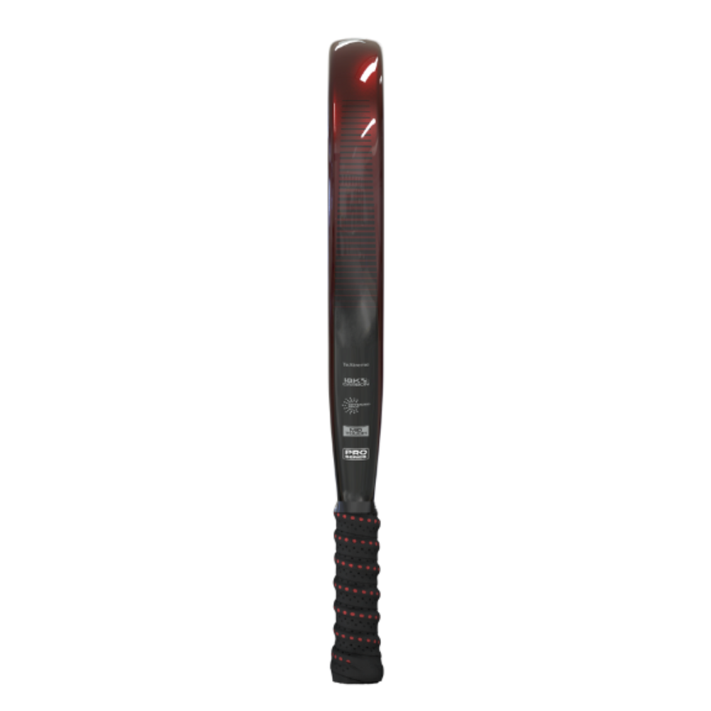 The side of a red Siux Diablo Pro 4 padel racket on a white background.