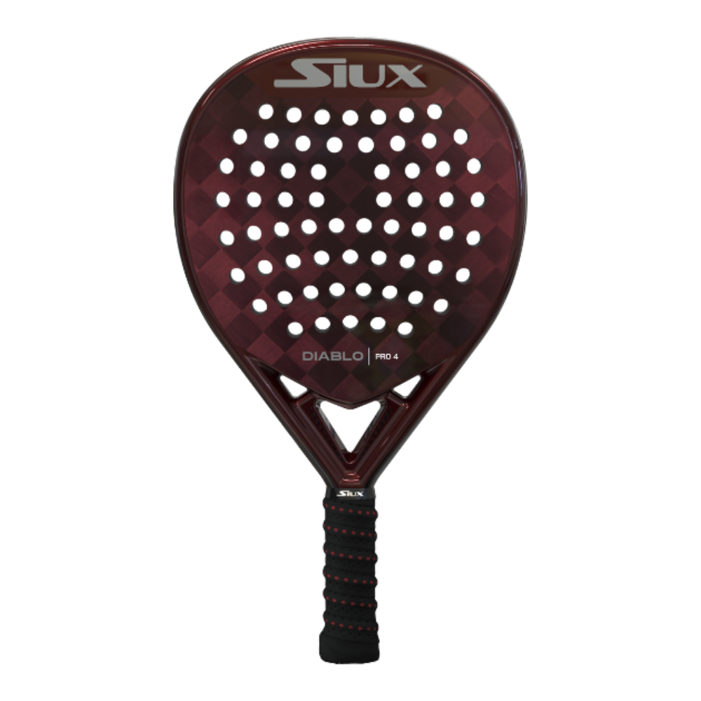 A red Siux Diablo Pro 4 padel racket on a white background.