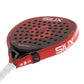 The face of a red Siux padel racket with white branding on a white background.