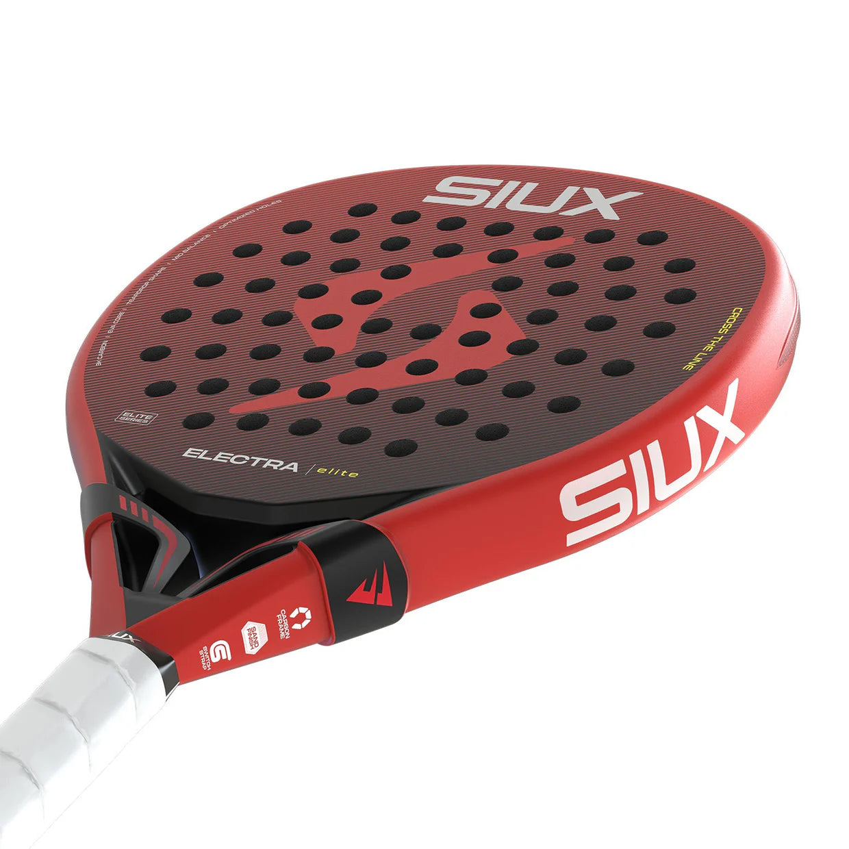 The face of a red Siux padel racket with white branding on a white background.