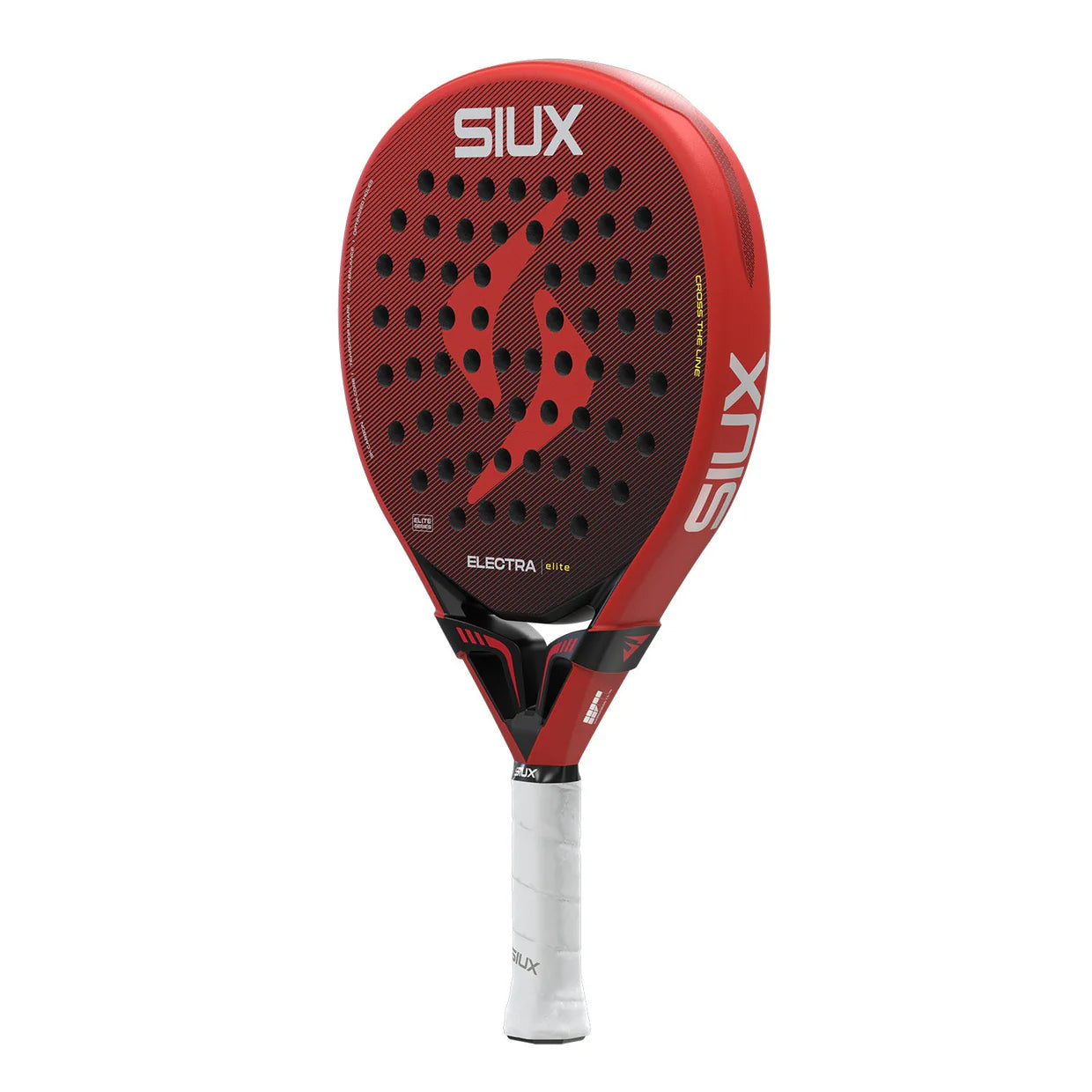 A red Siux padel racket with white branding on a white background.