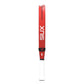 The side of a red Siux padel racket with white branding on a white background.