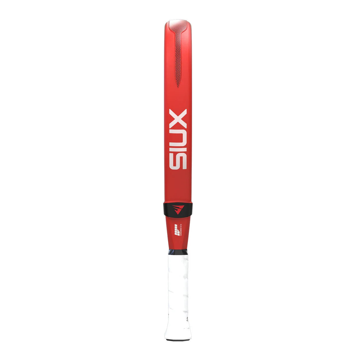 The side of a red Siux padel racket with white branding on a white background.