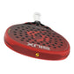 The top of a red Siux padel racket with white branding on a white background.