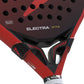 A close-up of a red Siux padel racket with white branding on a white background.
