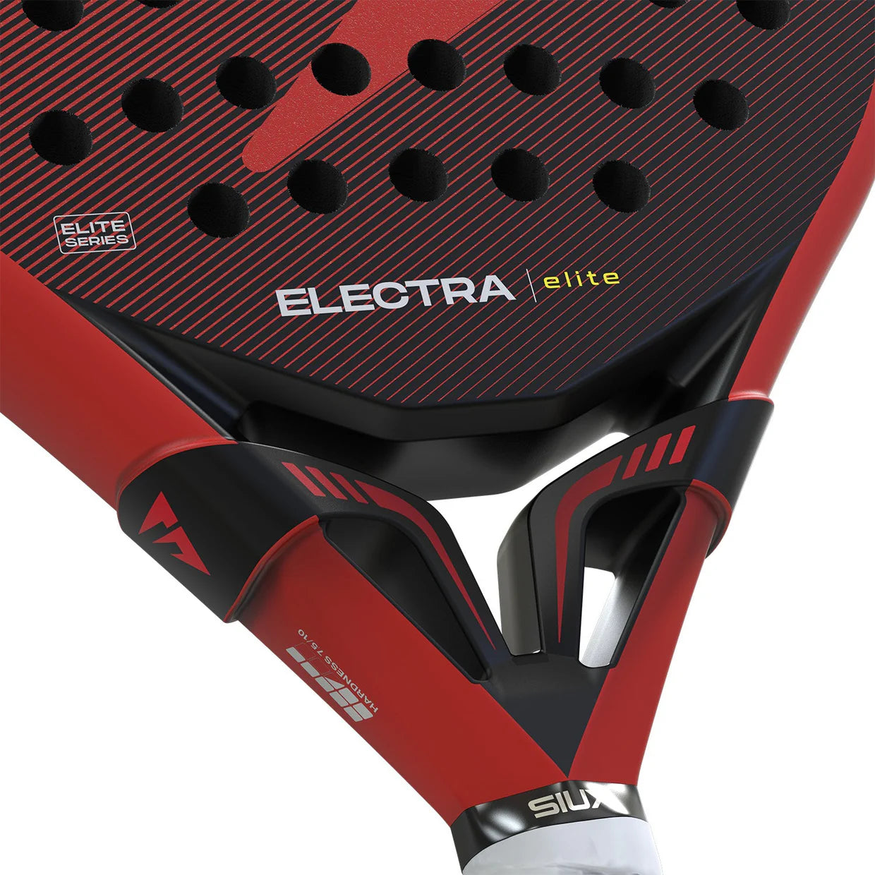 A close-up of a red Siux padel racket with white branding on a white background.