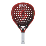 A red Siux padel racket with white branding on a white background.