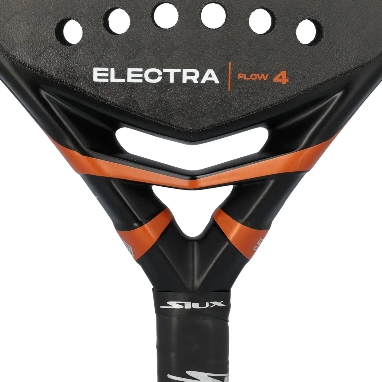 A close-up of a black Siux padel tennis racket with bronze branding on a white background.