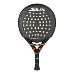 A black Siux padel tennis racket with bronze branding on a white background.