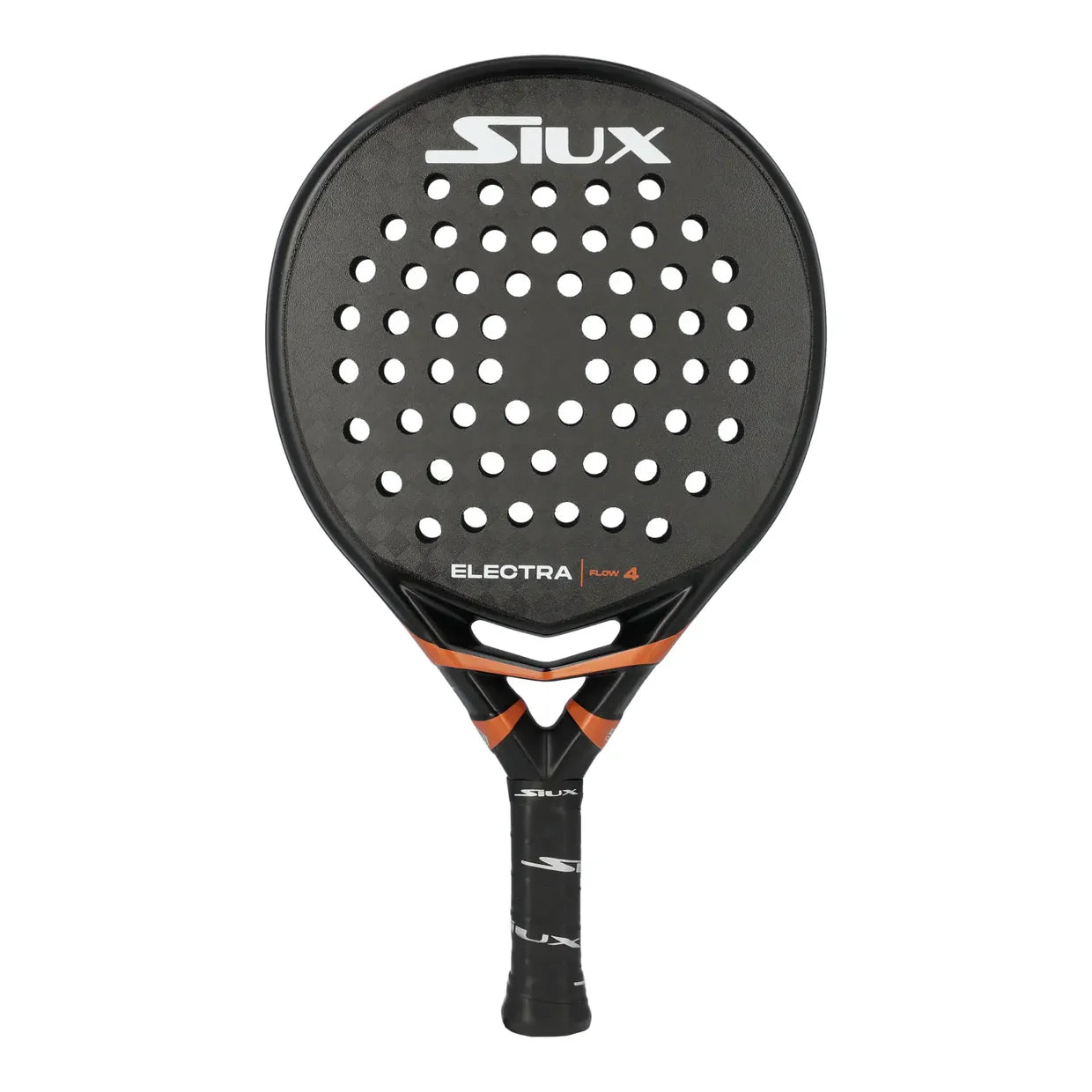 A black Siux padel tennis racket with bronze branding on a white background.