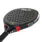 The face of a black Siux padel racket with red accents on a white background.