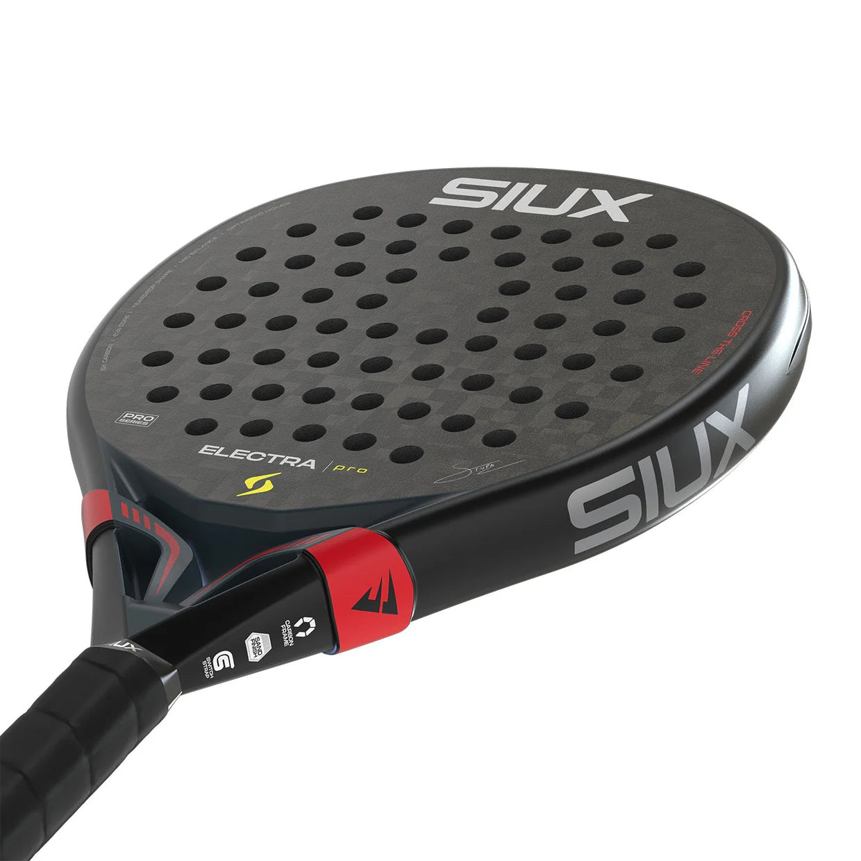 The face of a black Siux padel racket with red accents on a white background.