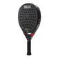 A black Siux padel racket with red accents on a white background.