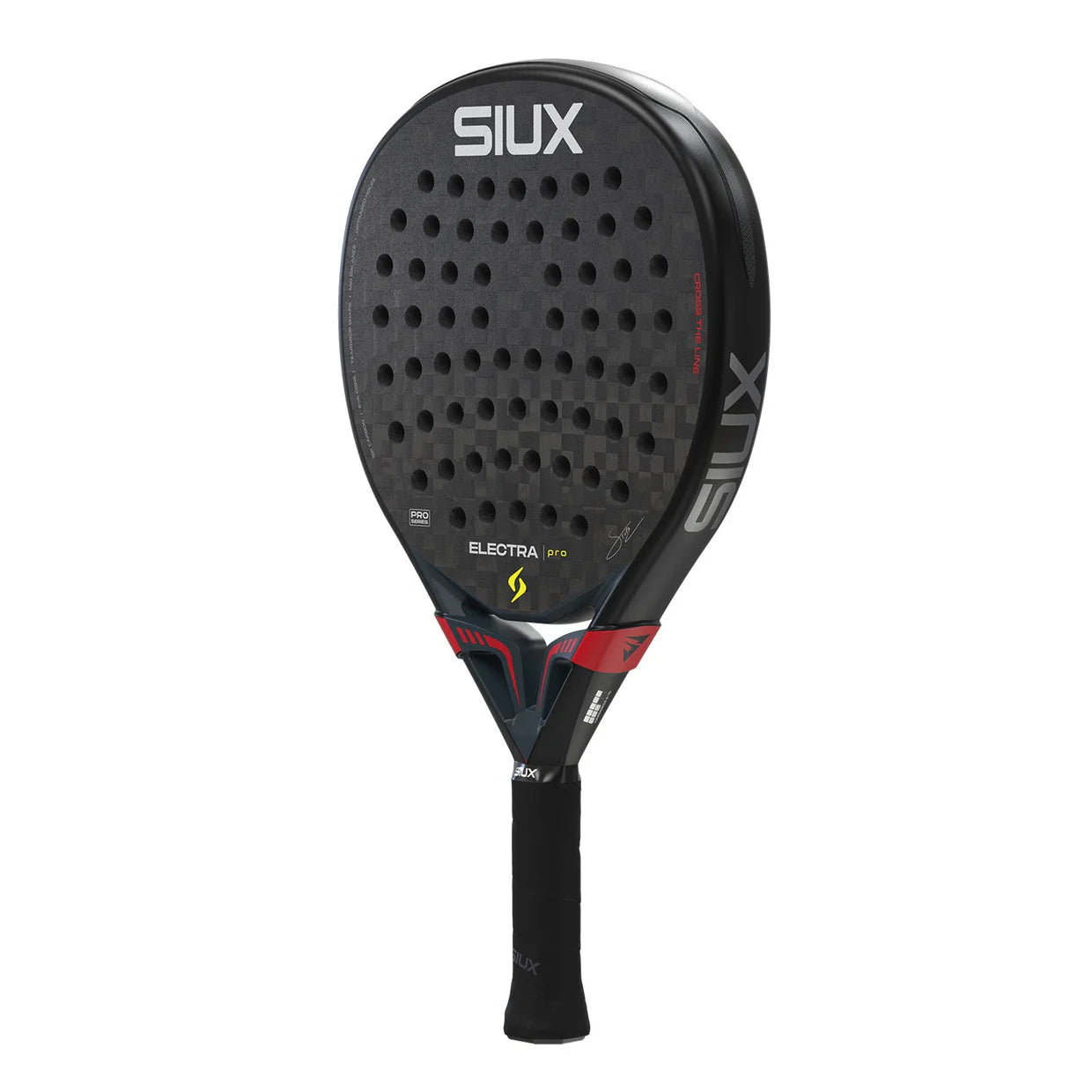 A black Siux padel racket with red accents on a white background.
