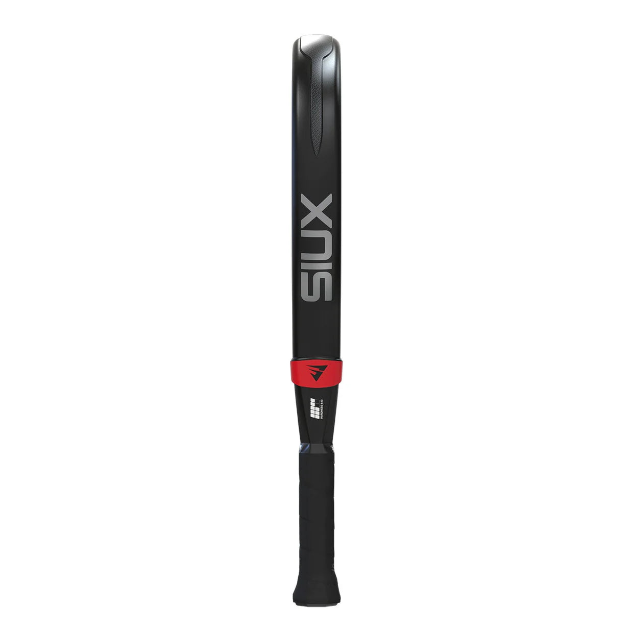 The side of a black Siux padel racket with red accents on a white background.