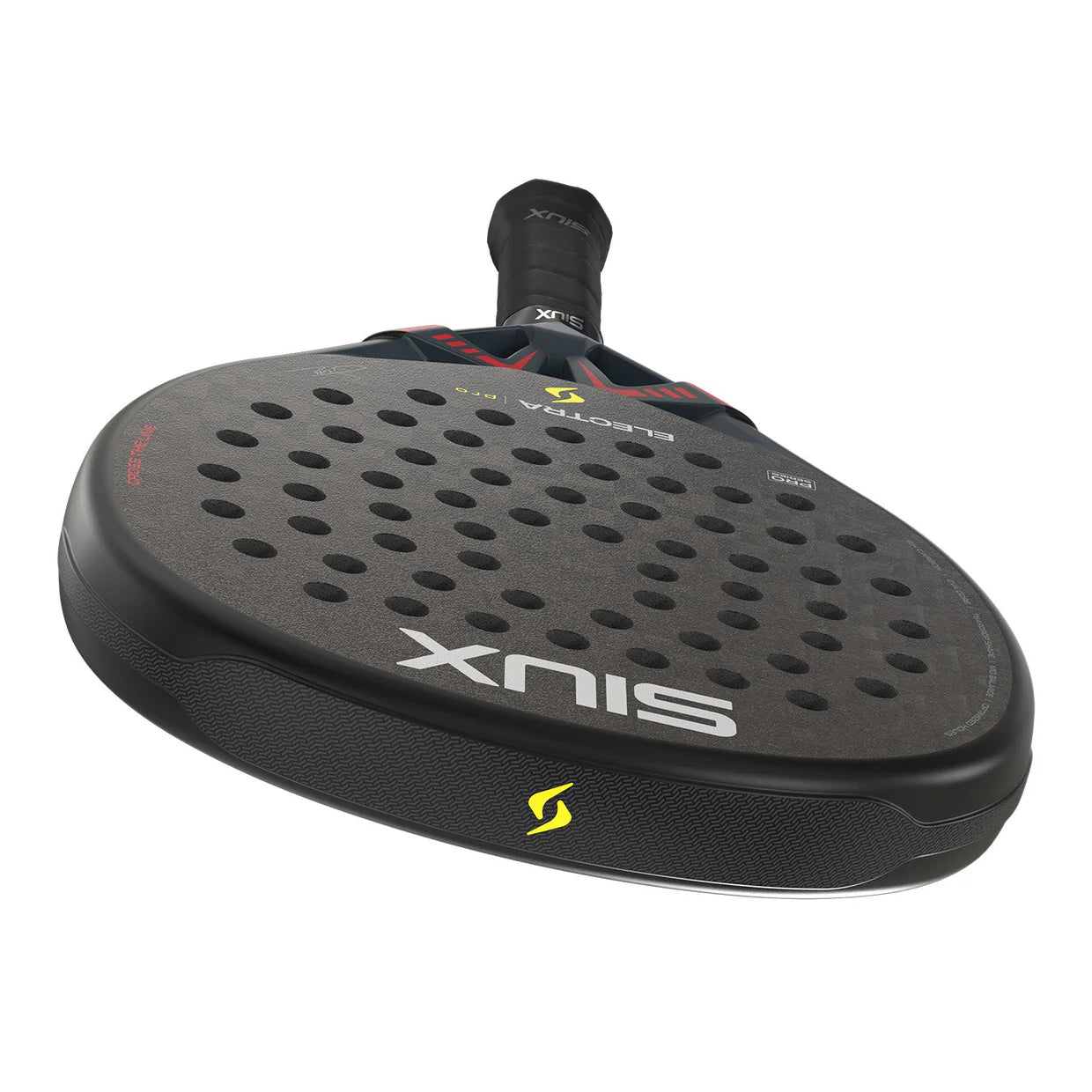 The top of a black Siux padel racket with red accents on a white background.