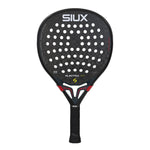 A black Siux padel racket with red accents on a white background.