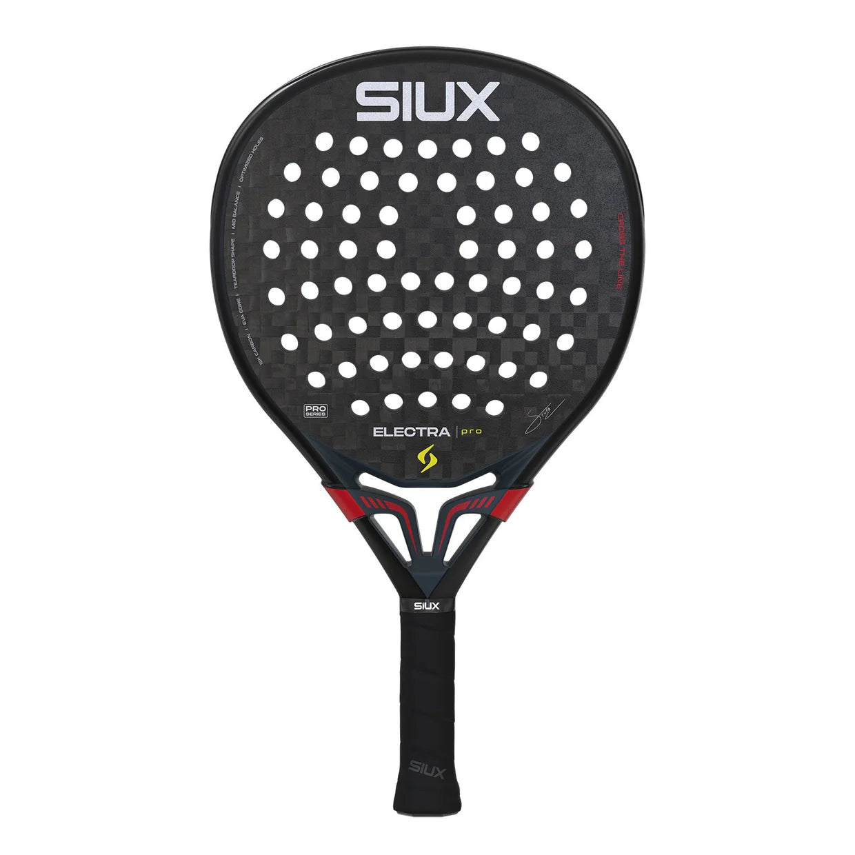 A black Siux padel racket with red accents on a white background.