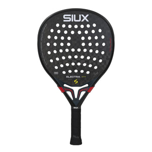 A black Siux padel racket with red accents on a white background.