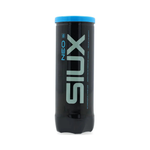 A black tube of Siux padel tennis balls with a blue lid on a white background.