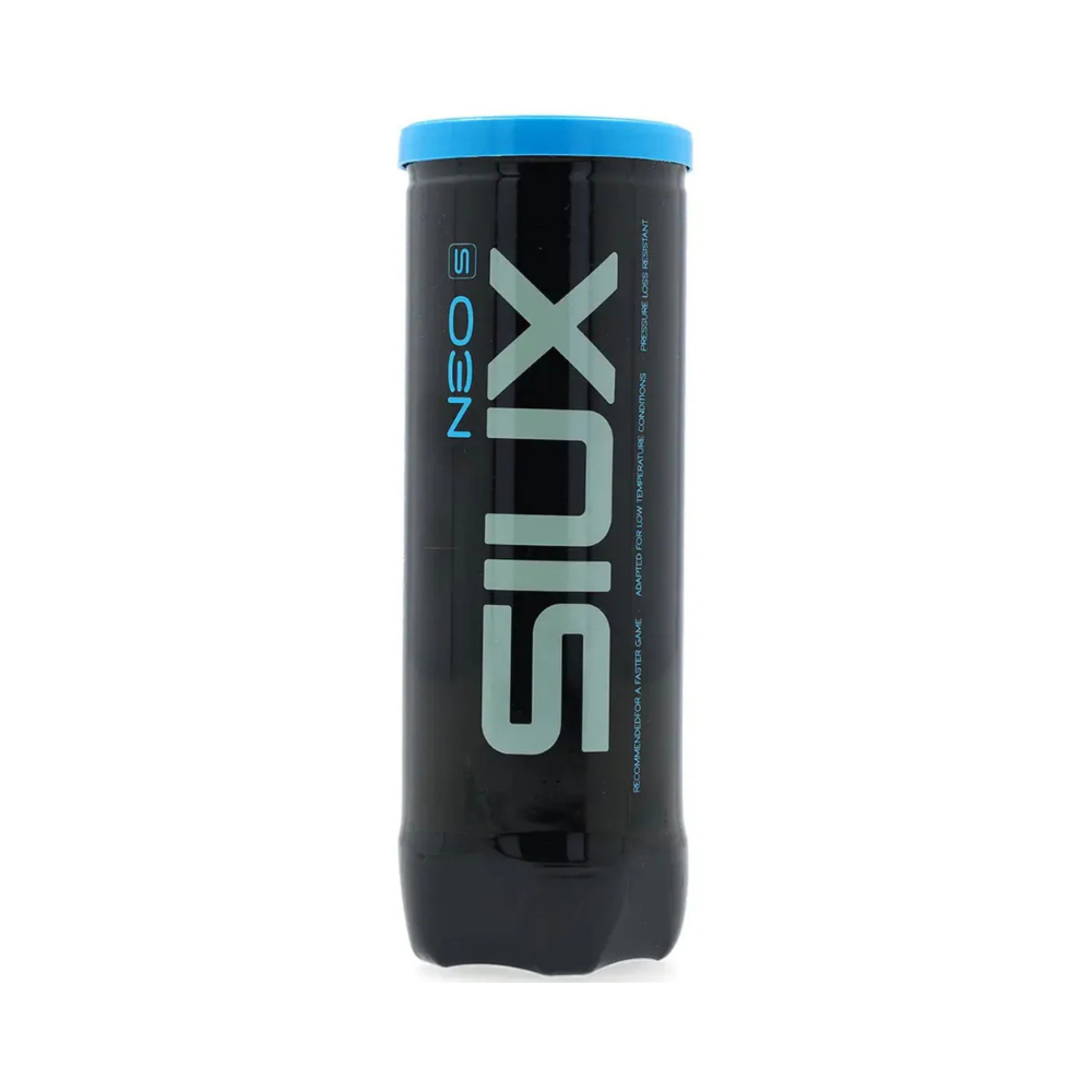 A black tube of Siux padel tennis balls with a blue lid on a white background.