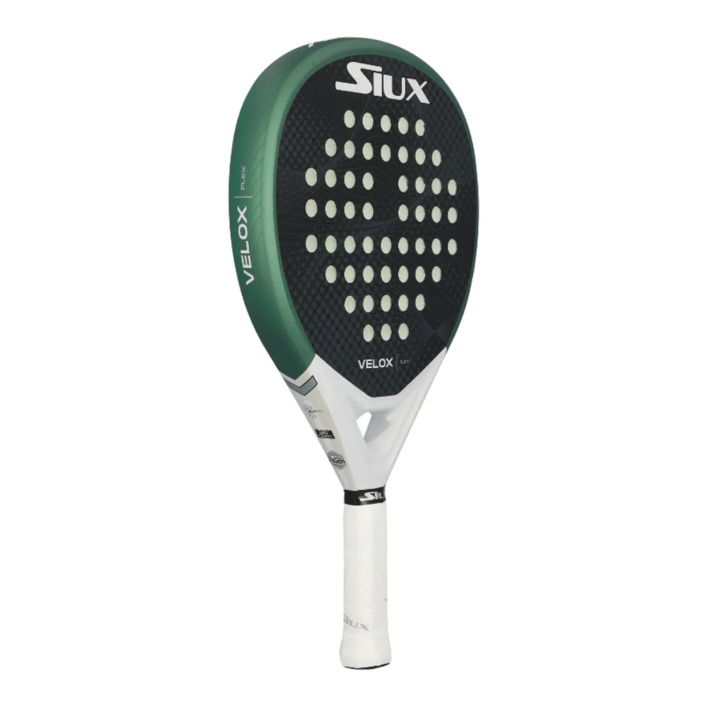 A green, black and white Siux padel racket on a white background.