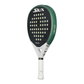 A green, black and white Siux padel racket on a white background.