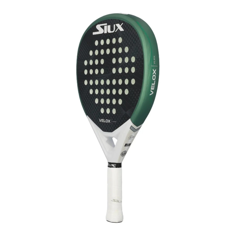 A green, black and white Siux padel racket on a white background.