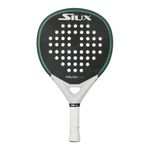 A green, black and white Siux padel racket on a white background.