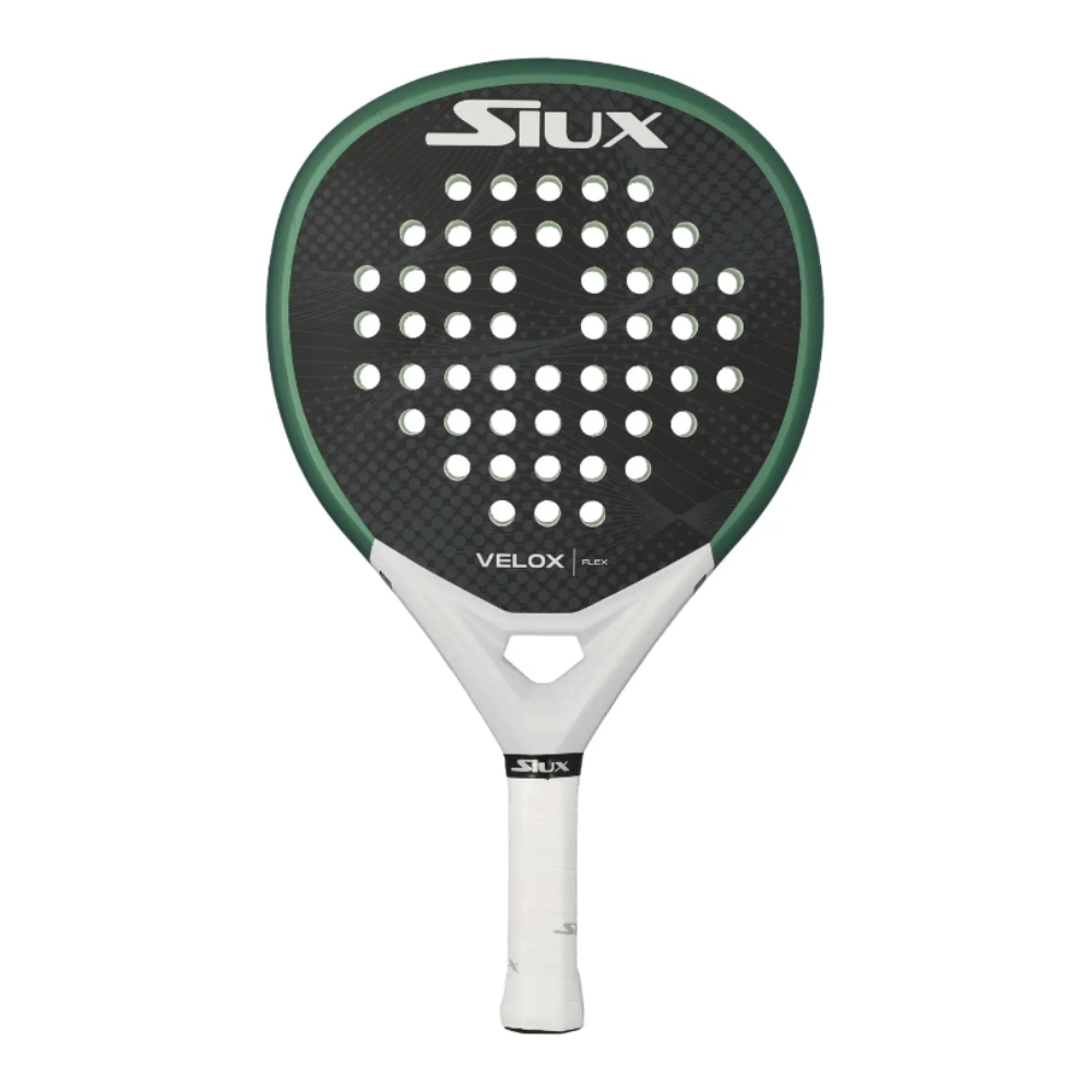 A green, black and white Siux padel racket on a white background.