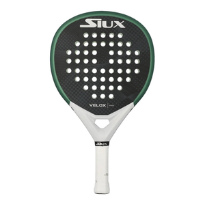 A green, black and white Siux padel racket on a white background.