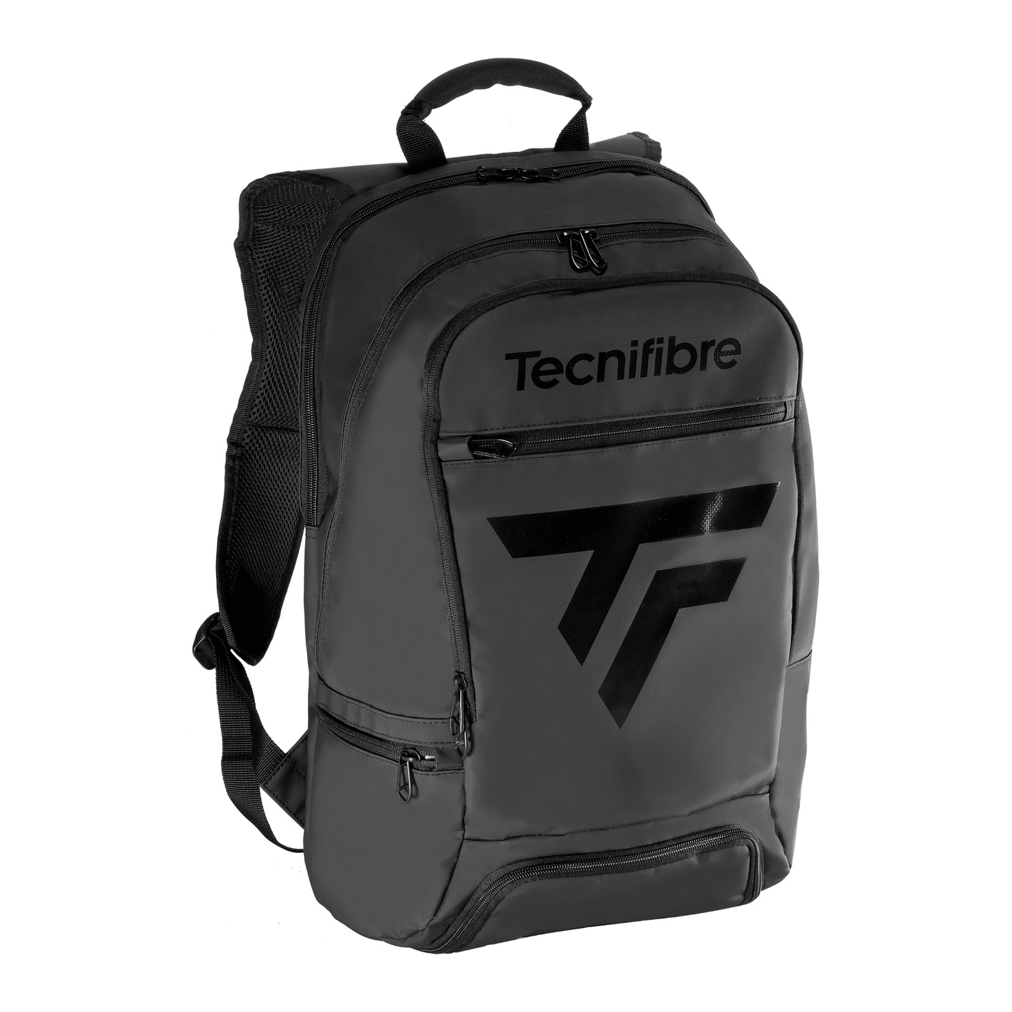 Black Tecnifibre backpack with black logo on a white background
