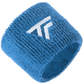 Blue sports wristband with a white logo on a white background