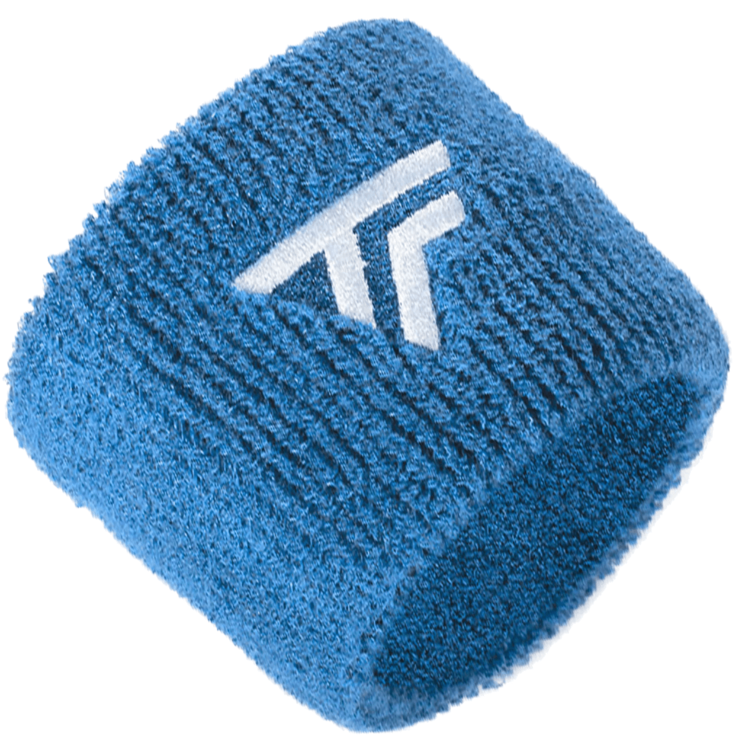 Blue sports wristband with a white logo on a white background