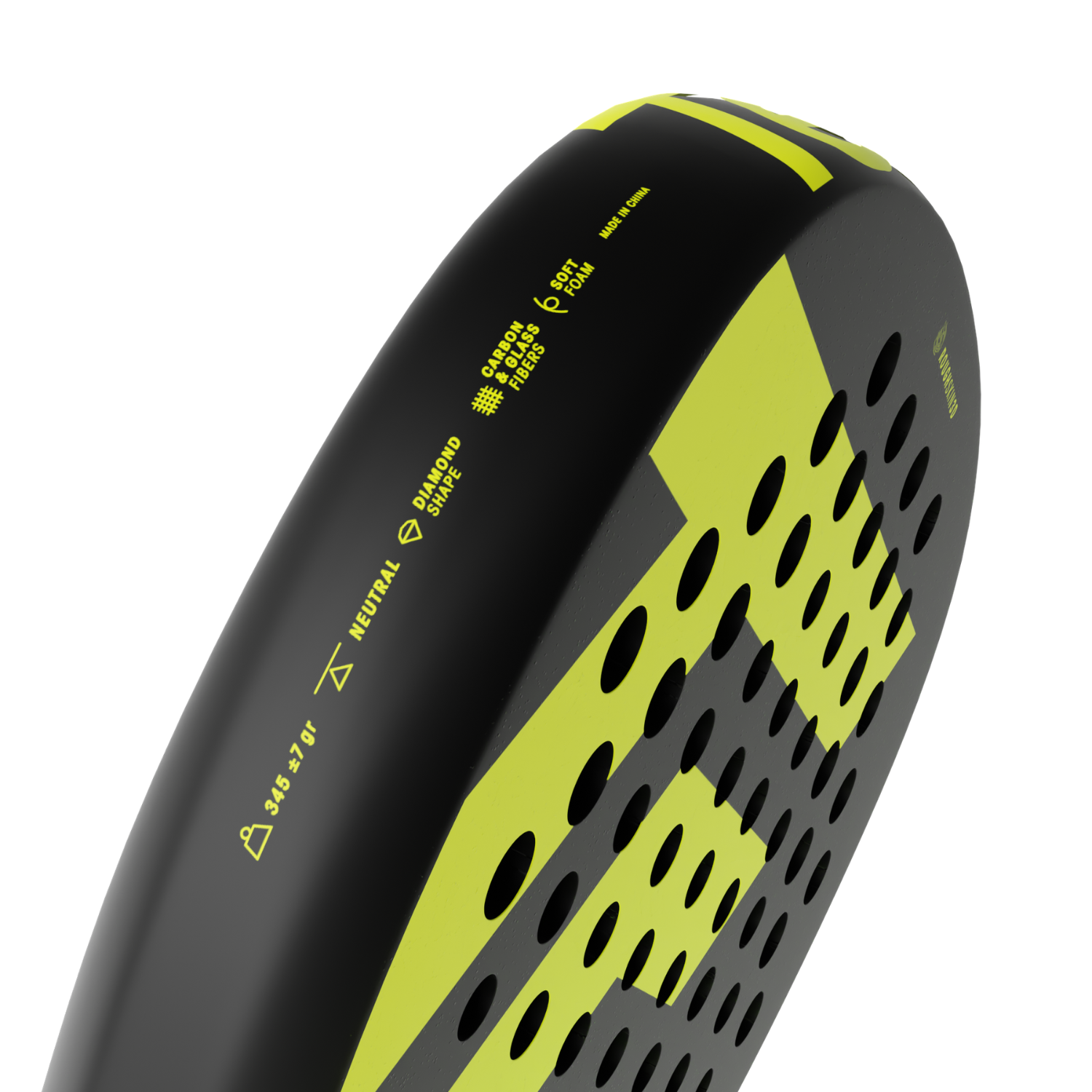 The side of a black and yellow Tecnifibre Bomba padel racket on a white background.