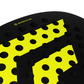 The face of a black and yellow Tecnifibre Bomba padel racket on a white background.